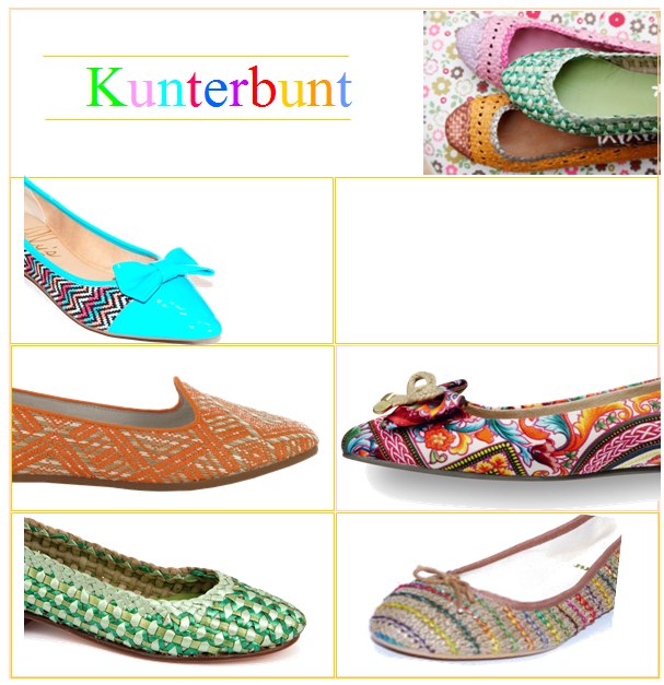 Bunte Ballerinas mit Muster von oben nach unten links: Lilly´s Closet, FlipFlop, XYXX / rechts: Tamaris, John w. Shoes